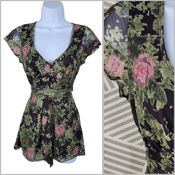 Vintage DKNY Top Blouse Floral Mesh Size XS Chiffon semi sheer alt Tie Waist - Picture 1 of 8